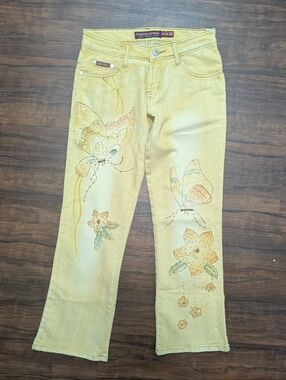 Okefel Jeans Y2K Low Rise Yellow Denim Butterfly Floral Sequins Crop Flare 26